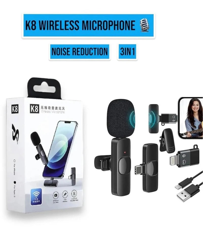 8 3-in-1 Wireless Microphone  Portable Clip-On Mic for Android, iPhone & Type-C Devices